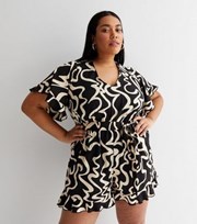 New Look Curves Black Doodle Print Crepe Short Frill Sleeve Belted Beach Playsuit